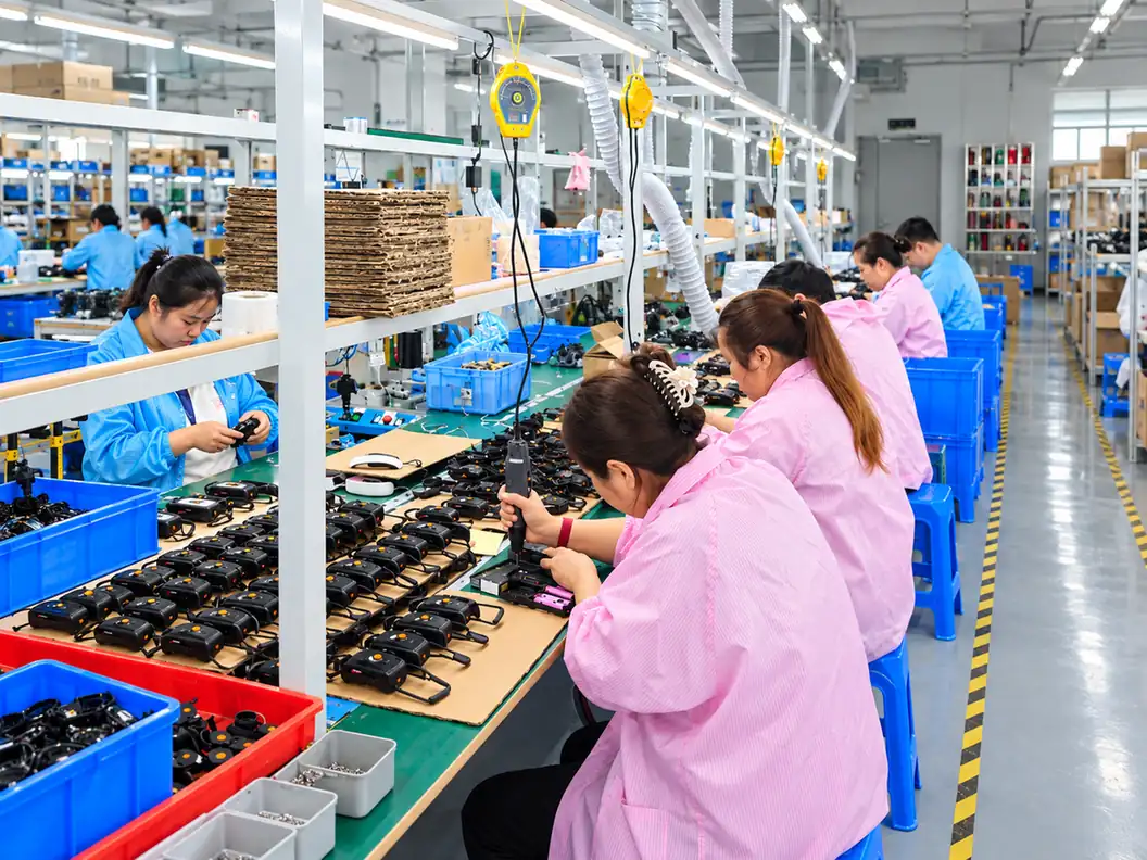 Outdoor lighting assembly process at Porteele production line